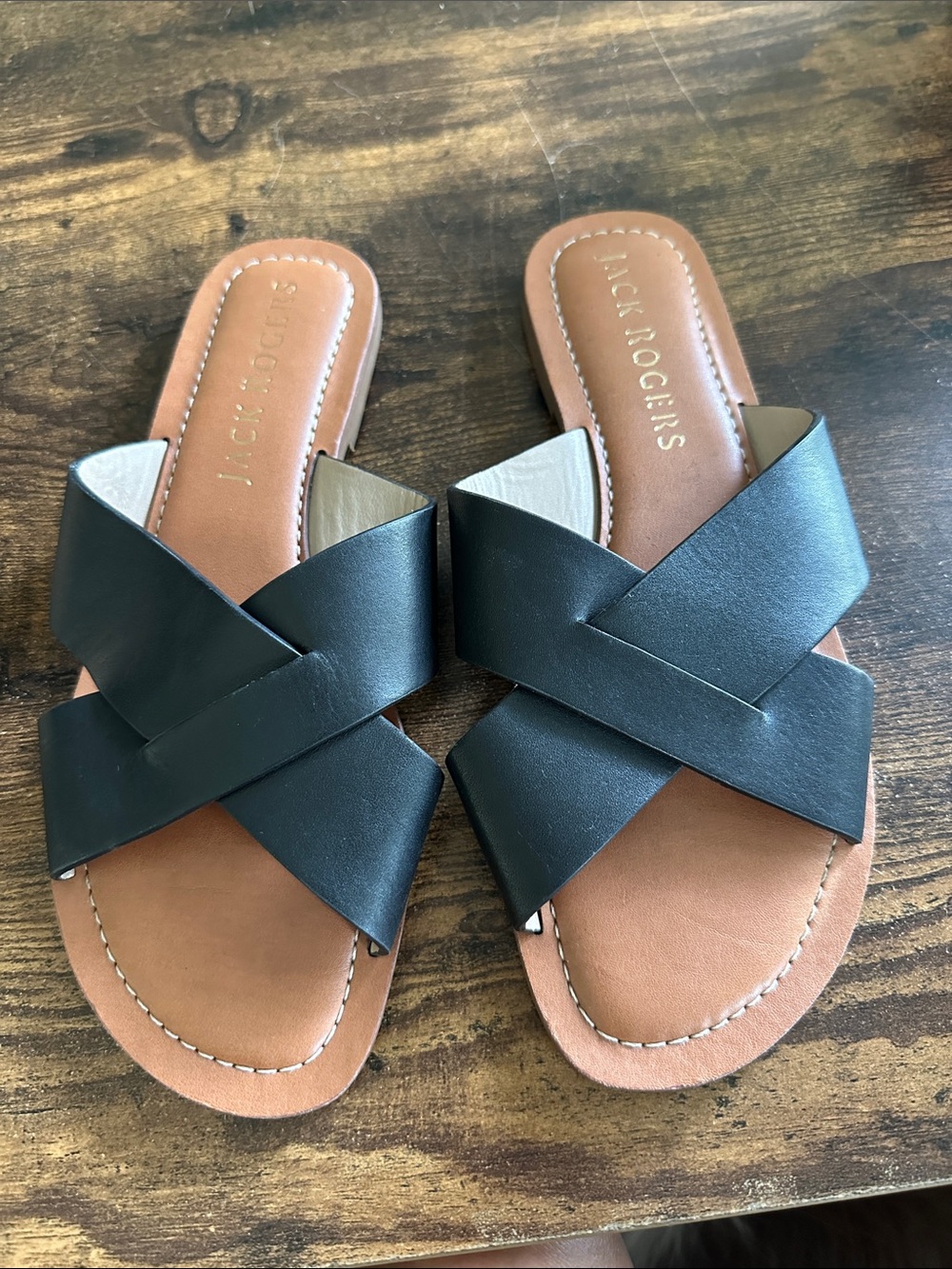 Jack Rogers Black & Tan Crisscross Slide Sandals - 7